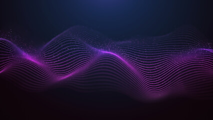 Futuristic musical wave of purple lines. Digital data flow. The concept of big data. Network connection. Cybernetics and technology. Abstract dark background. 3d rendering.