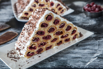 A traditional Moldavian dessert or cake consisting of pancakes with cherry, milk creme and chocolate creme also called Cosma lui Guguta.