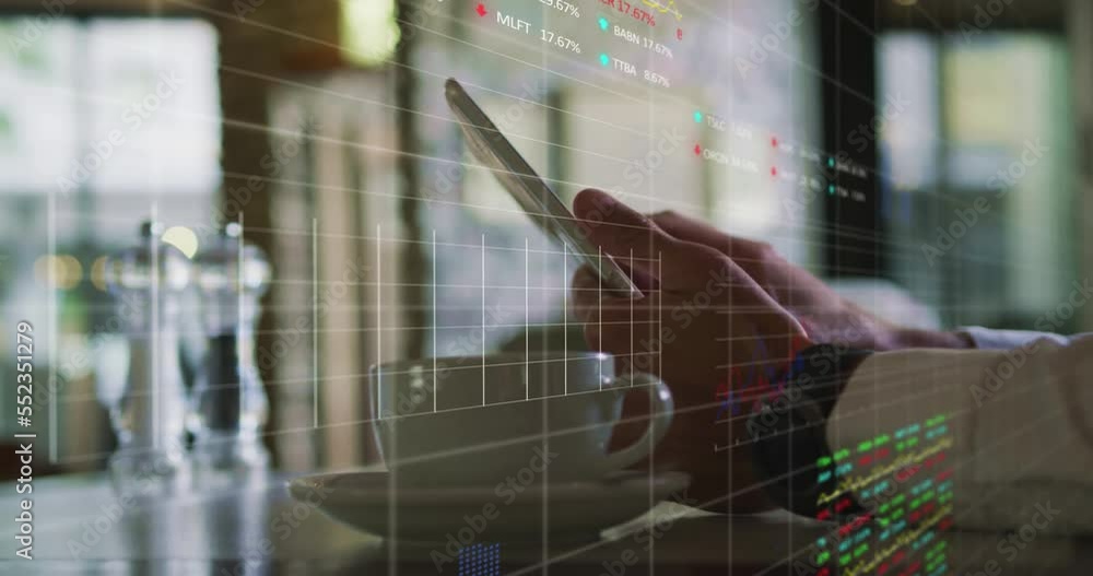 Poster animation of financial data processing over hands using smartphone