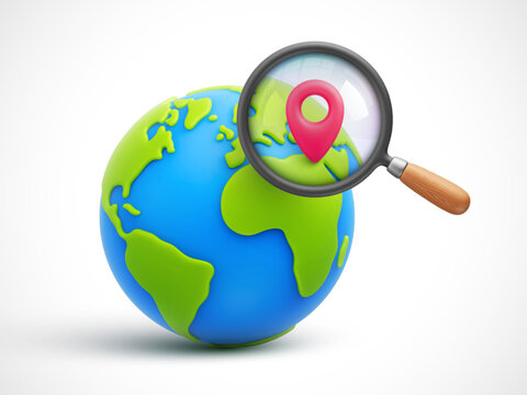 Cartoon planet Earth with magnifying glass and red pointer inside 3d vector icon. Finding the best place for travel, vacation concept. World traveling or GPS navigation concept. Vector illustration