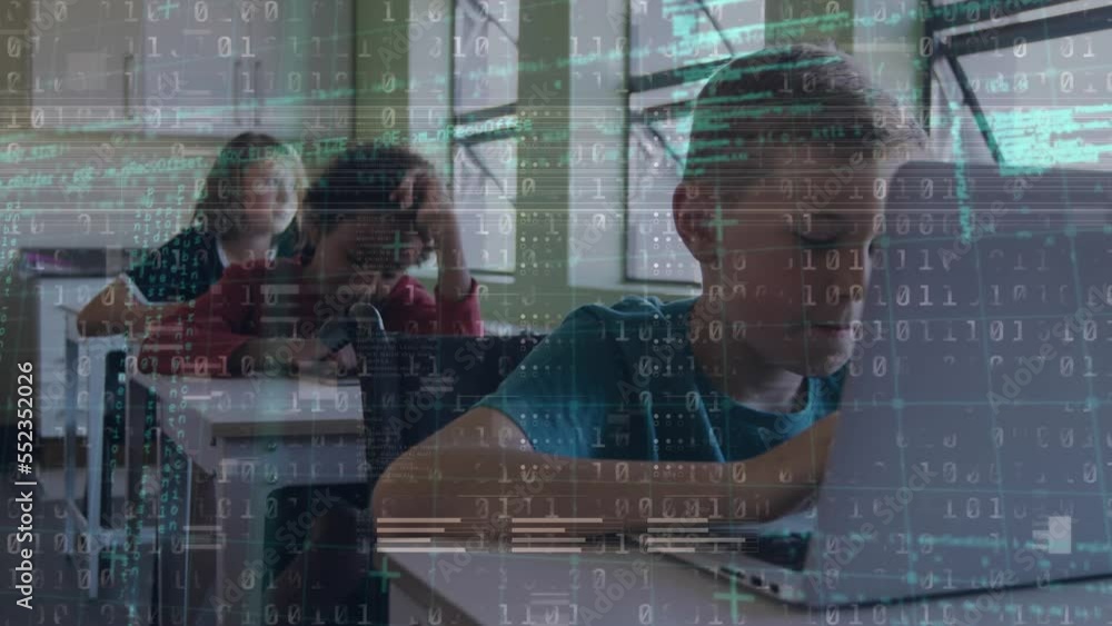 Poster animation of data processing over diverse schoolchildren using laptop