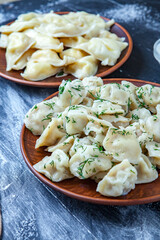 Traditional russian pelmeni or ravioli, dumplings with meat on wood black background. Russian food and russian kitchen concept.