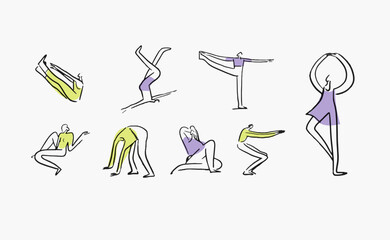 Cartoon vector illustration of People exercising for health and fitness. Sport and active concept, doing sports.performing various sports activities. Bundle of happy training or exercising people.