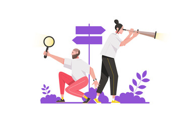 Searching opportunities concept in flat design. Businessman with magnifier and businesswoman with spyglass choose career direction. Illustration with isolated people scene for web banner
