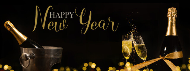 HAPPY NEW YEAR 2024 celebration holiday greeting card banner panorama - Champagne or sparkling wine...