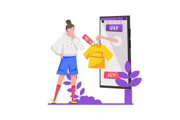 Shopping in mobile app concept in flat design. Woman choosing clothes on online page of store and buying with discounts, e-commerce. Illustration with isolated people scene for web banner