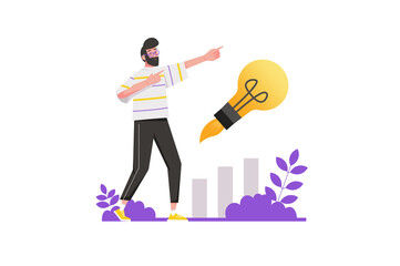 Startup business concept in flat design. Businessman generates idea, studies market and launches new project. Investment and leadership. Illustration with isolated people scene for web banner