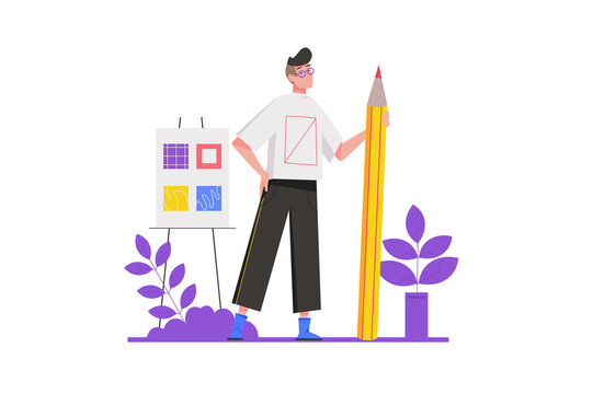 Creative director concept in flat design. Man works in art studio and manages projects. Designer draws and works with prints and colors. Illustration with isolated people scene for web banner