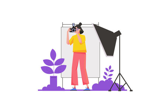 Photo studio concept in flat design. Woman works as professional photographer in creative agency, doing photo shoots and art photography. Illustration with isolated people scene for web banner