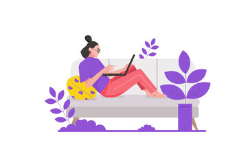 Freelance business concept in flat design. Woman freelancer working on laptop while lying on couch. Online work and remote employment. Illustration with isolated people scene for web banner