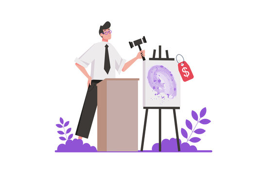 Auction business concept in flat design. Male seller with hammer puts up for sale lot with abstract modern painting for making bids. Illustration with isolated people scene for web banner