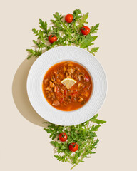 Hodgepodge soup in a deep plate on a light table with green and tomato decorations. Copyspace