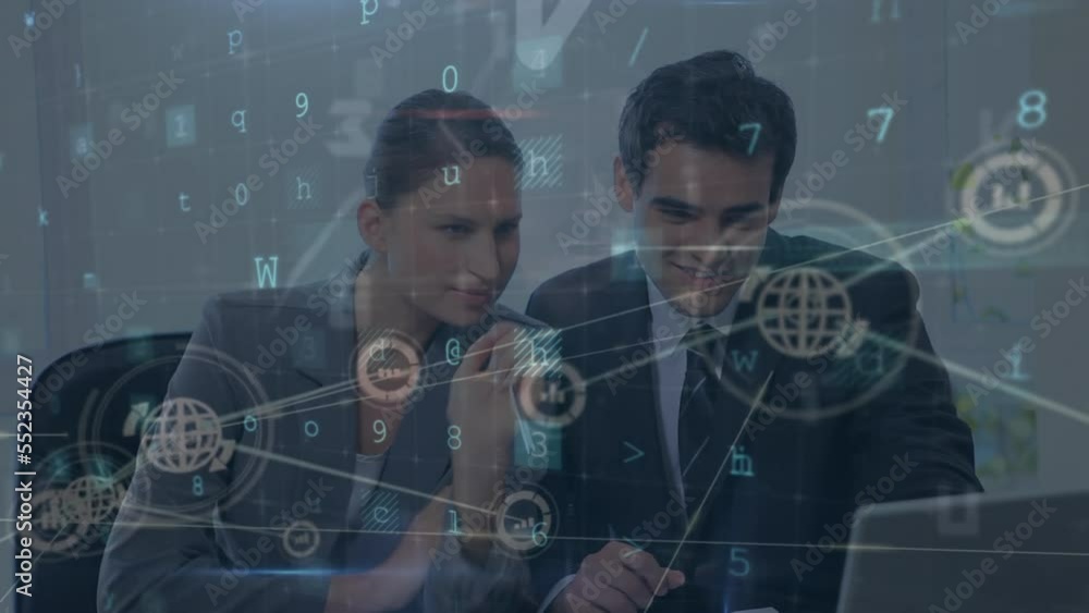 Poster animation of network of connections and data processing over diverse business people at office