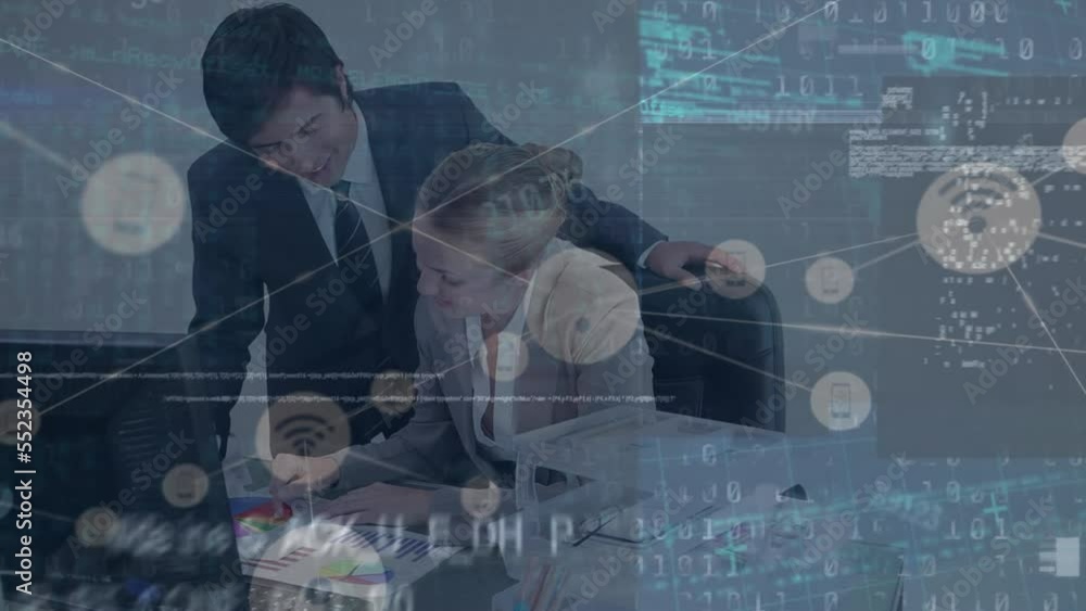 Poster animation of network of connections and data processing over diverse business people at office