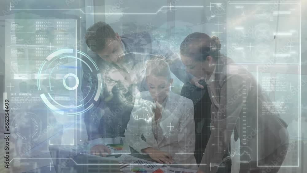 Poster animation of data processing and globe over diverse business people at office