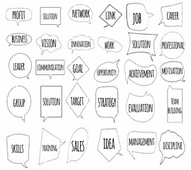 Obraz premium set collection hand drawn speech bubbles of PROFIT, SOLUTION, BUSINESS, VISION, LEADER, COMMUNICATION, GROUP, SKILLS, SOLUTION, TRAINING, NETWORK, INNOVATION, LINK, JOB. vector design illustration