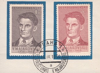 Vladimir Mayakovsky - Russian and Soviet poet. Postmark Prague, stamp Czechoslovakia 1950