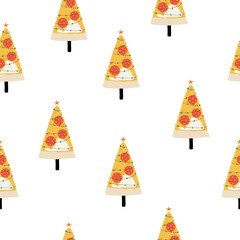 Funny Christmas tree pizza with garland. Holiday seamless pattern. Vector hand drawn illustration. - 552354886