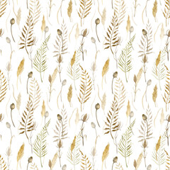 Seamless Pattern with dried Plants. Hand drawn watercolor illustration with wild flowers for wrapping paper or textile design on isolated background. Botanical drawing with dry meadow branches.