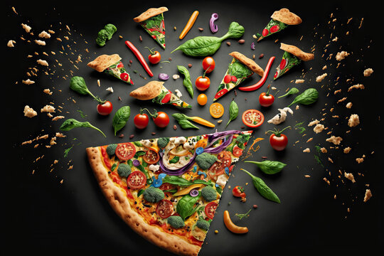 Cut Pieces Of Pizza With Vegetable Filling Laid Out At Edges Isolated On Black Background