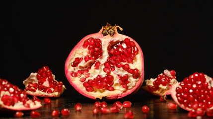 broken pomegranate with red ripe kernels on the table on a black background