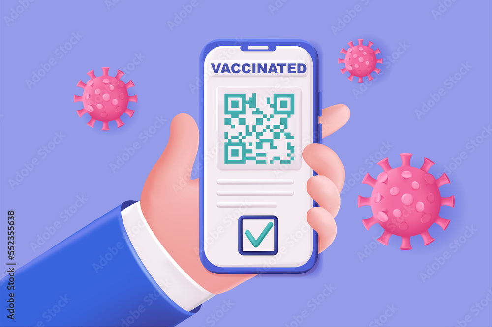 Poster vaccination certificate concept 3d illustration. green certificate of full vaccination in form of qr