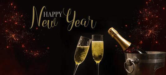 HAPPY NEW YEAR 2024 celebration holiday greeting card background banner panorama - Champagne or...
