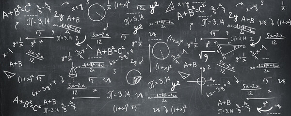 mathematical calculation on blackboard - Banner design - obrazy, fototapety, plakaty
