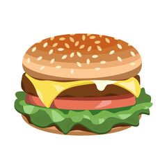 Delicious burger with beef, lettuce, tomatoes, cheese, sauce, isolated on a white background.Vector illustration for restaurant menus, labels,fast food designs.

