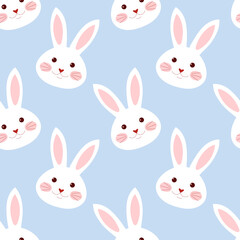 Seamless pattern with rabbit face on a blue background.