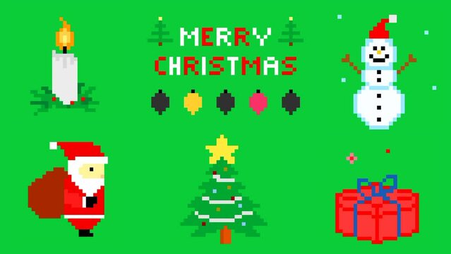 set of christmas pixel animation on green screen for christmas content