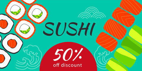 Discount Banner with sushi rolls. Vector illustration