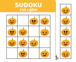 Halloween sudoku for kids with pumpkins. Halloween sudoku game for children. Cut and glue