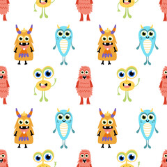 Naklejka premium Cute monster seamless pattern. Colorful monsters. Flat, cartoon, vector