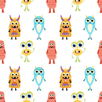 Cute monster seamless pattern. Colorful monsters. Flat, cartoon, vector
