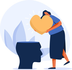 young woman embraces a big red heart with mindfulness and love. Mental health.  illustration