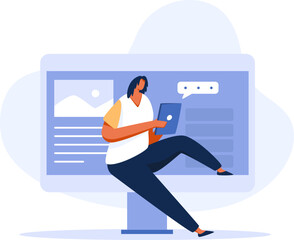Woman working with tablet and notebook, pc or computer.  illustration
