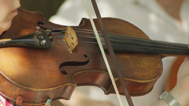 A woman plays the violin next to a cellist female as part of an orchestra in an open area. Close-up