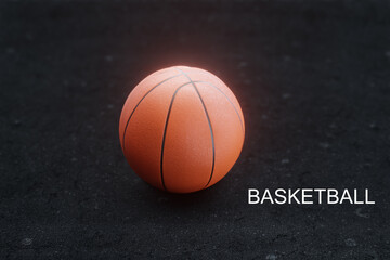 orange basketball on black background, asphalt court, blurred background, 3d rendering