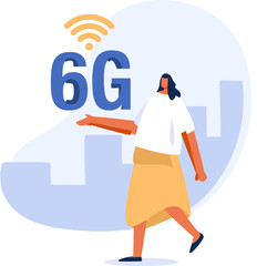 Young people carrying heavy 6g symbol. High speed internet network signal. png illustration