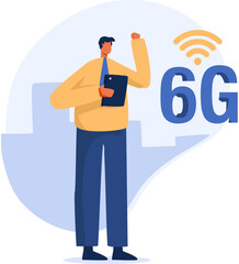 Young people carrying heavy 6g symbol. High speed internet network signal. png illustration