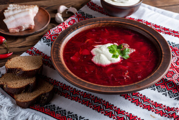 Ukrainian red borscht with beetroot tomato and meat
