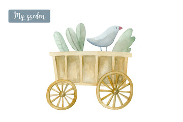 wooden cart with greens handpainted farmers decor watercolor illustration - 552358424