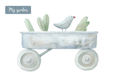 garden cart with greens and bird handpainted farmers decor watercolor illustration - 552358472
