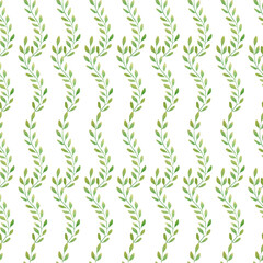 Fototapeta na wymiar Seamless green leaves herbal pattern. Watercolor floral background with green leaf and branches herbs for textile, wallpapers, home decor