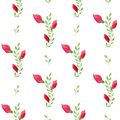 Seamless red roses floral pattern. Watercolor background with red and pink rose bud flowers and green leaf and branches for textile, wallpapers, home decor