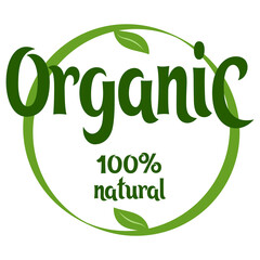 Organic eco natural bio sticker label logo icon. Logo with a pattern of green leaves. Ecological products. Stickers of eco-friendly products. 
Vector illustration of organic food icons