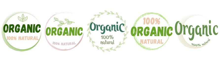 Organic eco natural bio sticker label logo icon. Logo with a pattern of green leaves. Ecological products. Stickers of eco-friendly products. 
Vector illustration of organic food icons