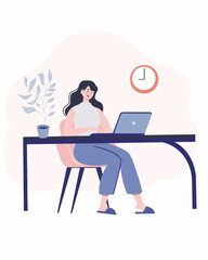A woman is sitting in front of a laptop screen, surrounded by a flower on a table and a clock on the wall. Woman reelancer. Vector flat cartoon illustration