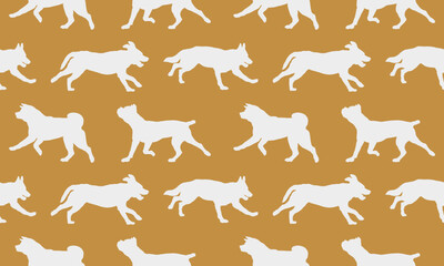 Seamless pattern. Silhouette dogs different breeds in various poses. Endless texture. Design for fabric, decor, wallpaper, wrapping paper, surface design. Vector illustration.